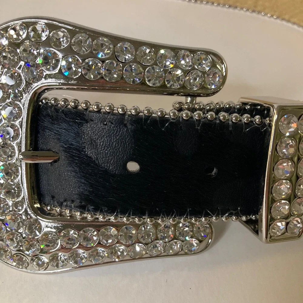 Vintage 1849 Authentic Ranchwear Rhinestone Cross Calfhair Belt 34-L Black 1.5